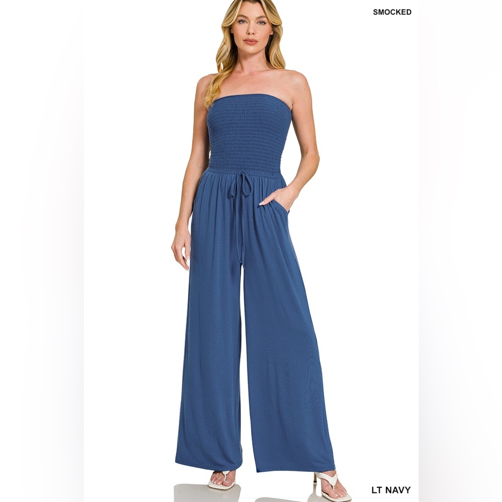 Zenana Outfitters LT Navy Strapless Smocked Wide-Leg Jumpsuit